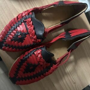 Red and Black Woven Leather Sandals